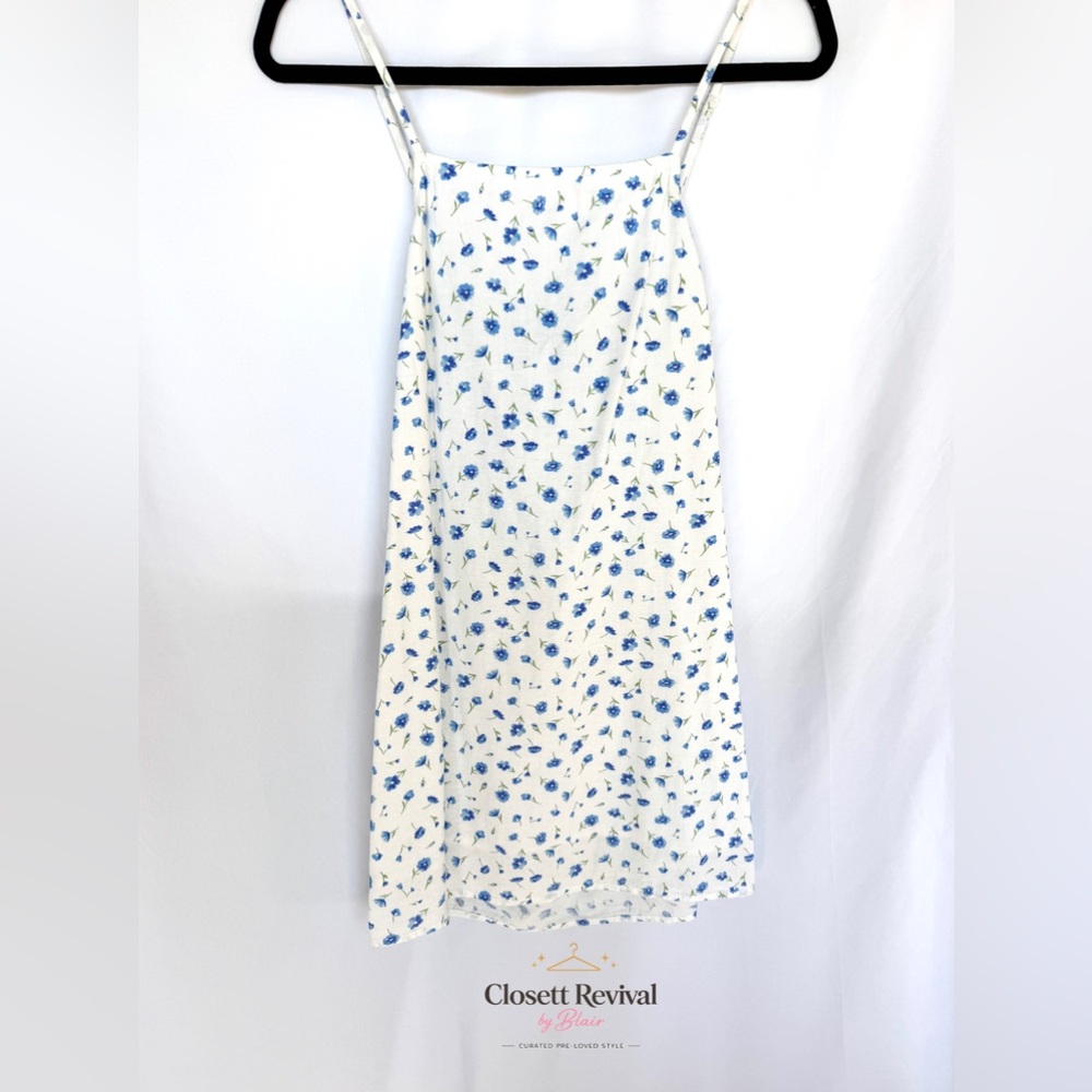 American Eagle Blue Ditsy Floral Mini Dress Tie Open Back Spaghetti Strap Size S